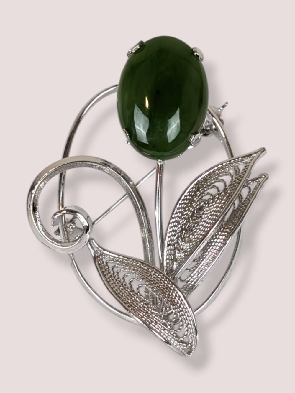 V. Nephrite Jade Filigree Floral Brooch